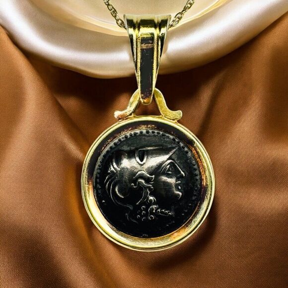 ANTIQUE -14k Gold - Goddess Athena- Alexander The Great Coin Necklace 18"- 2.5g - Picture 1 of 16